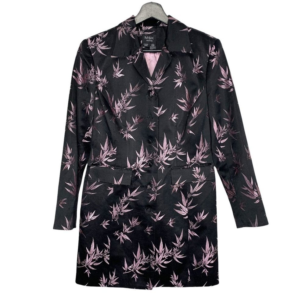 Vintage Y2K MSK Purple Foliage Pattern Silk Blend Satin Longline Blazer Petite M